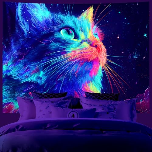 AOHMPT Blacklight Tapestry Glow in the Dark Tapestry Cat Design 79'' × 59'' Inch Wall Hanging Decor for Bedroom Living Room - color: Cat, size: 79"L x 59"W