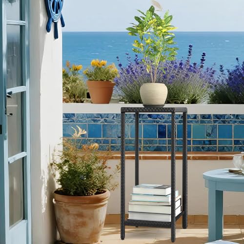 Outdoor Plant Stand 2 Tier Shelf for Patio Flower Pot Planter Stand Holder with Wicker Poly Lumber Shelves 31" Tall Corner Plant Display Rack with Adjustable Feet Heavy Duty for Balcony Porch Black