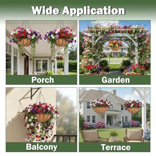4 Pack 16 Inch Hanging Baskets for Plants Outdoor Metal Hanging Planter Basket with Coco Coir Liner Hanging Flower Baskets Hanging Flower Pots Holder for Garden, Patio(Watermelon) - size: 16 Inch, style: Garden
