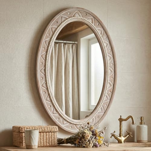 H HOMEWINS Oval Mirrors for Wall,20x30 Oval Wooden Rustic Farmhouse White Beads Boho Nature Decorative Mirror for Bedroom, Bathroom, Living Room,Vanity - color: Light Brown, size: 30"L x 20"W