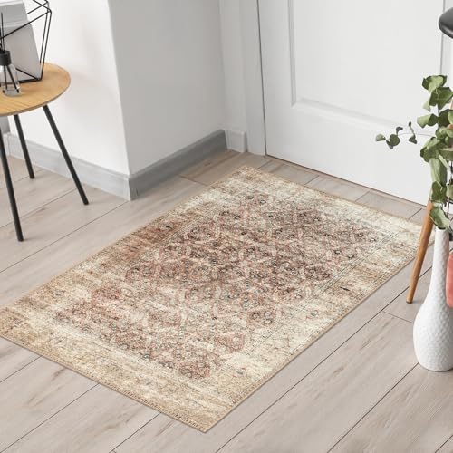 Keen Home Design 24"x36" Rug - Machine Washable Entry Rug with Non-Slip Backing, Ideal for Enteryway, Kitchen, Bathroom, Laundry Room - Vintage, Easy Clean, Durable, Low Pile - (2' x 3') - color: Beige / Brick Color, size: 2' x 3' (Rectangular)