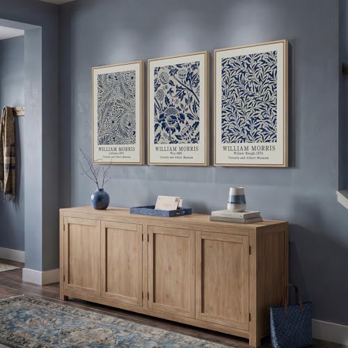 Framed William Morris Wall Art Set of 3, Large Vintage Blue Botanical Floral Canvas Prints, Farmhouse Aesthetic Wall Decor for Living Room Bedroom Hallway Office, 16x24 Inch - color: Blue, size: 16"W x 24" H x 3Pcs