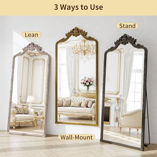 71"x32" Bronze Arched Full Length Mirror with Stand, Full Body Mirrors for Leaning or Hanging, Traditional Ornate Vintage Floor Mirror,Baroque Antique Long Mirrors for Wall,Decor, Living Room, Bedroom - color: Vintage Copper