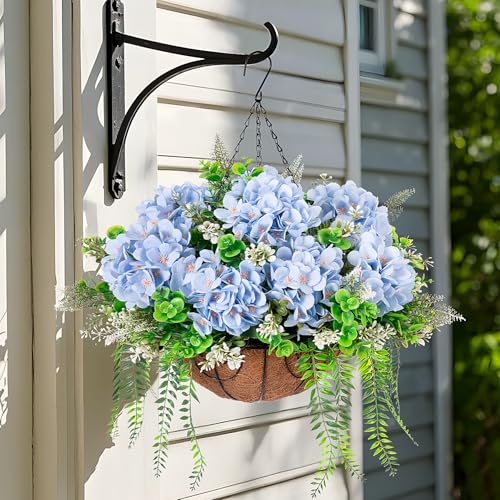 Ammyoo Artificial Hanging Hydrangea Flowers with Basket for Outdoor Spring Decoration, Fake Silk Hydrangea Flower Outdoor Indoor Arrangements, Fake Hanging Plants for Balcony Garden Yard Decor(Blue) - color: Z-blue With Basket