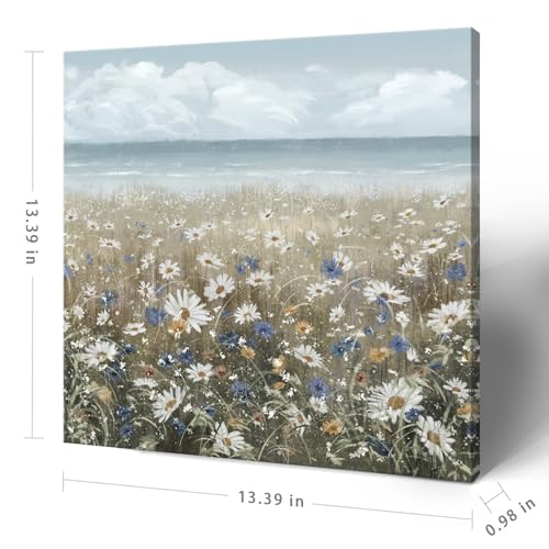 Canvas Wall Art Beach Floral Wall Picture Coastal Boho Farmhouse Daisy Flowers Nautical Sea Ocean Wildflowers Canvas Print Vintage Artwork for Small Rustic Bathroom Bedroom Living Room Office Décor - color: Coastal Flower Sea Art, size: 13"L x 13"W