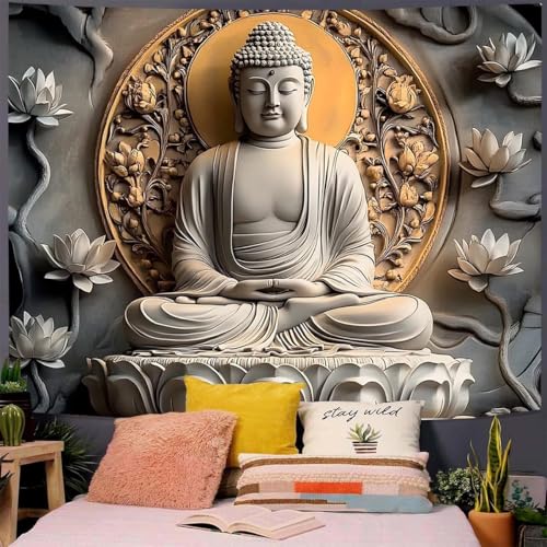 FENDROM Vintage Sitting Buddha Tapestry Wall Hanging Buddhist Statue Tapestries Lotus Meditation Wall Decor Psychedelic Indian Zen Art for Bedroom Living Room Home Decor - color: Orange, size: 59"L x 51"W