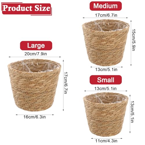 3 Pack Plant Basket for Indoor, Wicker Seagrass Plant Pots with Liner, Macrame Plant Hanger, Woven Natural Planter Baskets Outdoor for Flower, Balcony,Home