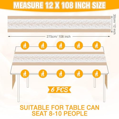 Xinnun 6 Pack Burlap Table Runner with Warm LED Lights,Rustic Lace Wedding Table Decor,Boho Farmhouse Jute Runner for Reception Bridal Shower Party(Novelty,12x108 Inches) - size: 12X108 Inches, style: Fashion