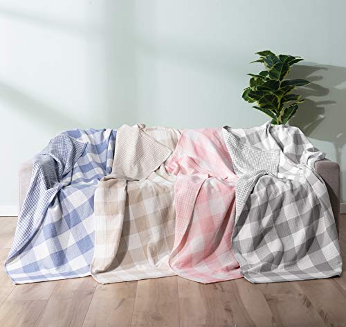 Cotton Muslin Throw Blanket with Buffalo Check Pattern, Vintage Indoor and Outdoor Use, Reversible and Breathable Fabric for Yard Picnics, King Size 104" x 94", Bedding or Chair Cover, Pink - color: Root={'value': "['Pink']"}, size: \'King (104" x 94")\'