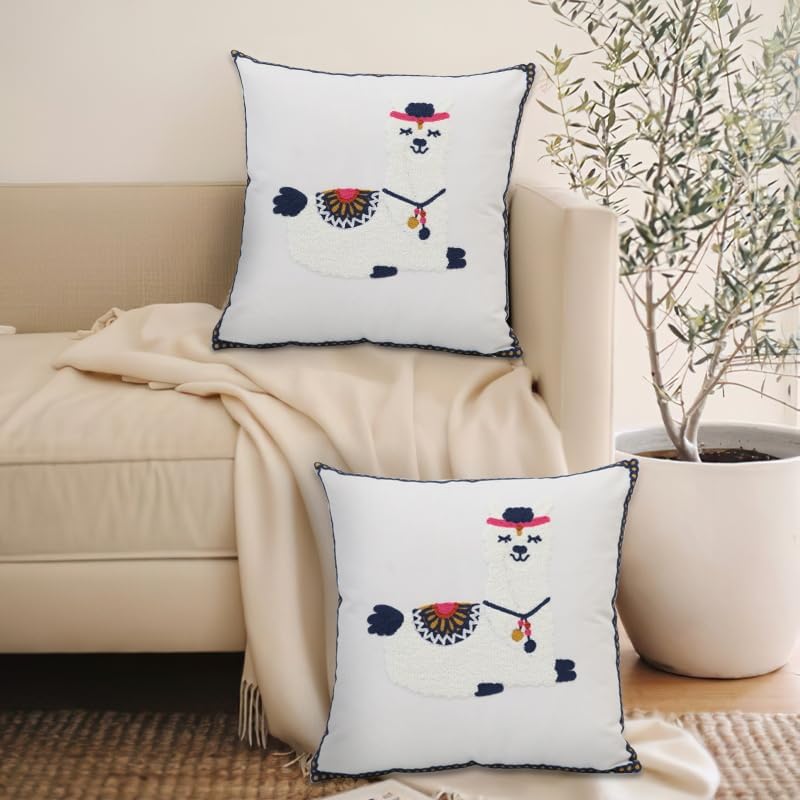 Pack of 2 Embroidered Decorative Throw Pillow Cover 18x18 Inch Farmhouse Floral Pillowcase for Living Room Sofa Bed (Cute Llama) - color: Cute Llama