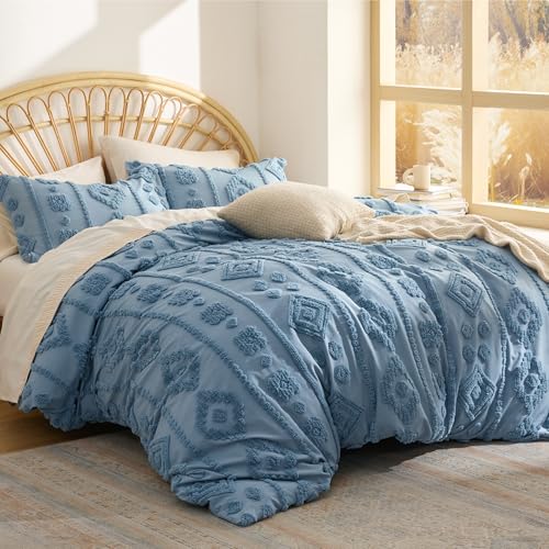 Bedsure Boho Tufted Blue Comforter Set Queen Size, GentleSoft™ 3 Pieces Boho Farmhouse-Style Decor Bedding, Exquisite Bedding for All Seasons, 1 Bed Comforter, 2 Pillow Shams, 90x90 Inches - color: 03 - Distressed Vintage Grayish Blue, size: Queen (90" x