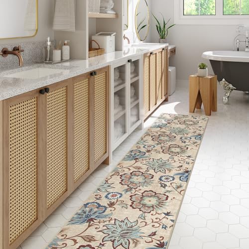 Beeiva Floral Kitchen Runner Rug Washable, 2.5x10 Vintage Runner Rug Ultra Thin Kitchen Rugs Non Slip, Paisley Foldable Beige Rug Stair Runner Carpet for Laundry Room Entryway - color: Cream, size: 2'5" x 10' (Rectangular)