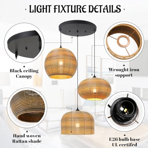 3-Light Chandelier Vintage Rattan Pendant Light Fixtures Hand Woven Boho Rattan Light Fixtures Ceiling Hanging, Farmhouse Chandelier for Dining Room Kitchen Island Bedroom - color: Large Rattan, 3-Light