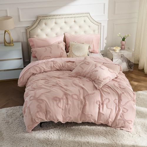Bedsure Tufted Rose Pink Queen Size Comforter Sets, GentleSoft™ 3 Pieces Bow Cute Bedding Pink Room Decor, Gifts for Girls Teens Women, All Seasons, 1 Bed Comforter, 2 Pillow Shams, 90x90 Inches - color: 04 - Tufted Bow Rose Pink, size: Queen (90" x 90")