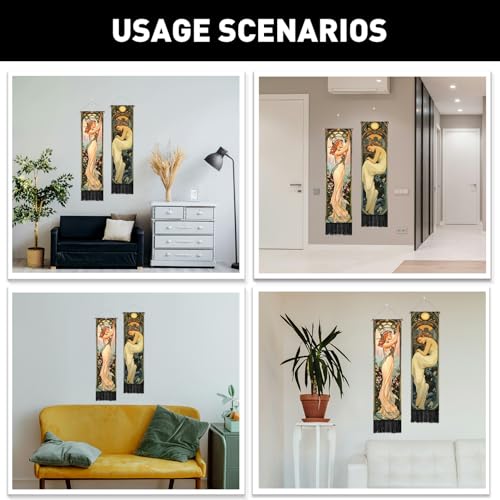 PLIGREAT 2 Pack Mucha Style Vertical Tapestry Art Nouveau Poster Aesthetic Wall Hanging for Bedroom Bathroom Living Room Vintage Long Narrow Wall Hanging Dorm Room Home Art Decor - color: beige,green