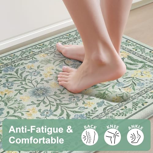 Collive Kitchen Mats for Floor 2PCS, Cushioned Anti Fatigue Mat Non Slip Waterproof Kitchen Rugs, Spring Floral Comfort Standing Rug for Home, Office, Sink, Laundry, 17"x30"+17"x47" - color: Teal, size: 17.3"x47"+17.3"x29"