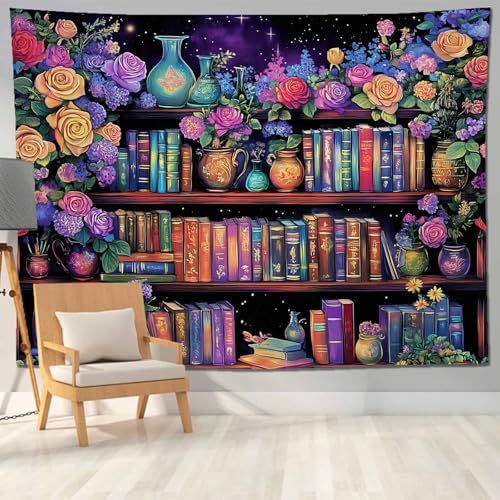 keowhsf Pink Purple Flower Bookshelf Wall Tapestry Colorful Tapestries for Bedroom Aesthetic Floral Tapestry Wall Hanging Cute Girl Bedroom Decor - color: Bookshelf, size: 80"L x 60"W