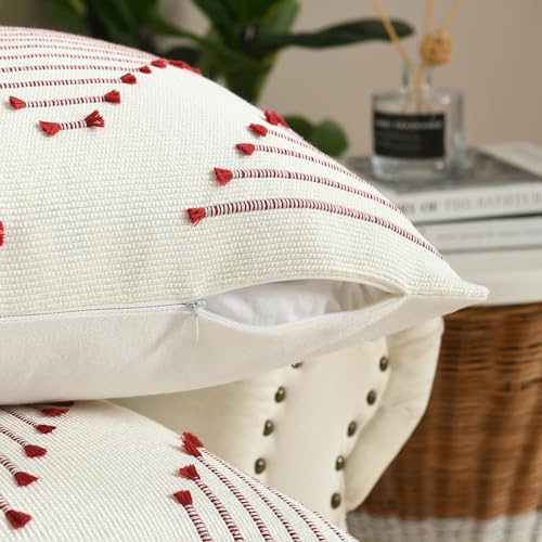 Boho Throw Pillow Covers 18x18 Set of 2 Farmhouse Decorative Accent Woven Pillow Covers for Couch Bed Living Room Home Decor, Burgundy and Cream White - color: Burgundy, size: 18" x 18" (Pack of 2)
