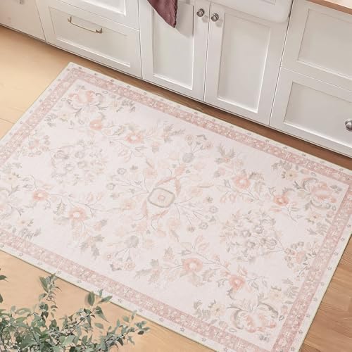 MUJOO Small Rug Washable,Pink 2x3 Area Rugs for Entryway,Floral Front Door Mat Indoor Entrance Entry Way,Boho Kitchen Bathroom Floor Rug Throw Carpet Non Slip Low Pile Vintage - color: Pink, size: 2' x 3' (Rectangular)