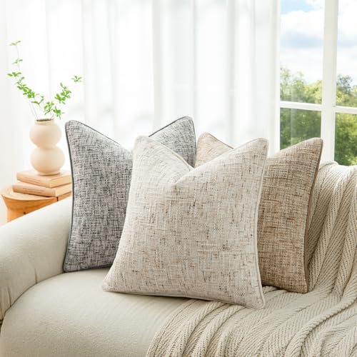 a moment Beige Reversible Pillow Covers 2 Pack - Farmhouse Chenille Throw Pillows, Neutral Textured Decorative Throw Pillow Covers with Border for Couch Sofa Bed (12x20 Inch, No Insert) - color: Beige, size: 20" x 12" (Pack of 2)