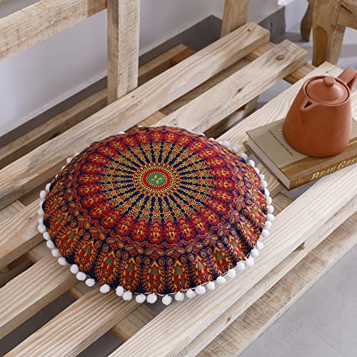 Popular Handicrafts Large Cotton Hippie Floor Pillow Cover - Peacock Decorative Cushion Cover with Pom Poms Soft Particles - Pouf Cover Round Bohemian Yoga Decor Floor Cushion Case- 18" Blue Yellow - color: Blue Yellow, size: 18" x 18" (Pack of 1)