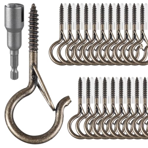 FSAH 24 PCS Q-Hanger Hooks, Screw Hooks for Outdoor String Lights, Safety Buckle Design Cup Eye Hook for Hanging Christmas Lights, Plants, Mounted on Wall Ceiling, Include 1 Wing Nut Driver, Copper - color: Copper, size: 24 Pcs