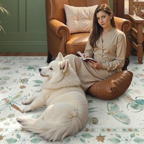 Beeiva Insect Print Rug 6x9, Washable Carpet for Living Room Non Slip, Low Pile Ultra Thin Foldable Large Area Rugs for Bedroom Kids Room Playroom Nursery Home Decor(Beige,6x9ft) - color: Beige, size: 6' x 9' (Rectangular)