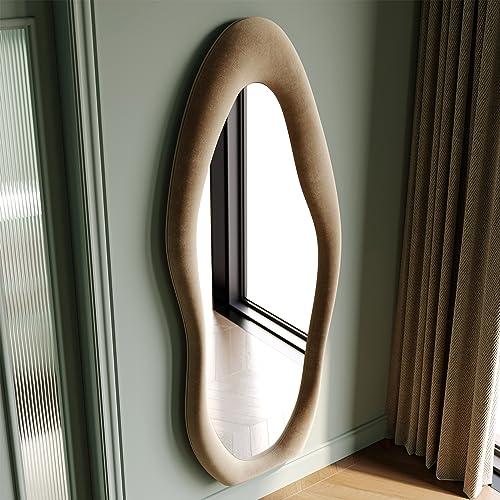 Honyee Full Length Mirror, 63" x 24" Wall Mirror, Flannel Wrapped Wooden Frame Floor Mirror, Irregular Wavy Mirror Hanging or Leaning Against Wall for Cloakroom/Bedroom/Living Room, Milk Tea - color: Milk Tea, size: 63"L x 24"W