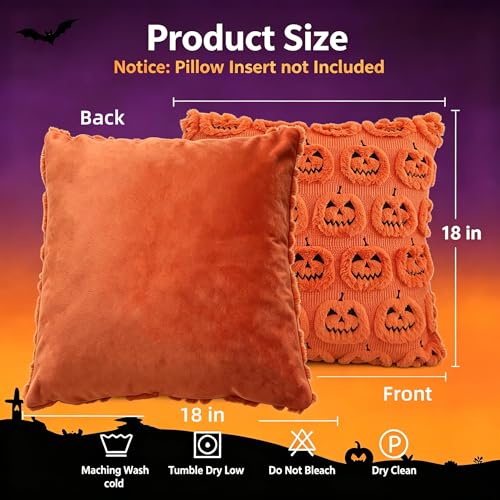Orange Embroidered Pumpkin Halloween Throw Pillow Covers 18x18 in Set of 2, Tufted Reversible Plush Cushion Covers for Couch Sofa Holiday Decorations - color: Spooky Pumpkin