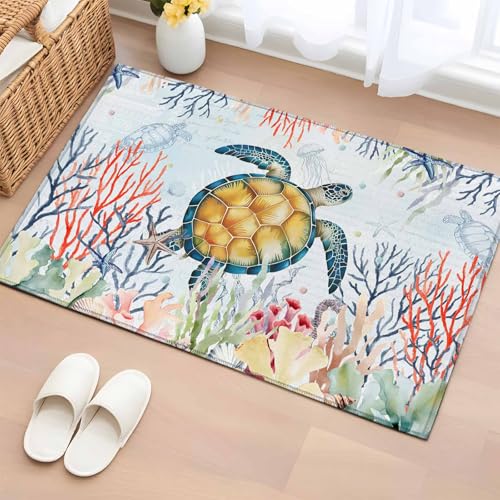 Sea Turtle 2x3 Small Rug for Entryway Kitchen Front Door,Vintage Watercolor Ocean Animals Colorful Corals Seaweed Blue Washable Throw Rug Absorbent Non-Slip Indoor Floor Mat for Kitchen Entrance Home - color: Blue, size: 2' x 3' (Rectangular)