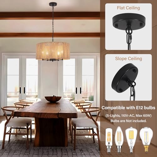 5-Light Boho Rattan Chandelier, 19'' Large Farmhouse Chandeliers Hand Woven Rattan Pendant Light Fixture, Black Wicker Chandelier for Dining Room Foyer Entryway Hallway Bedroom Kitchen Living Room - color: 5-Light Black