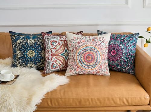 Boho Throw Pillow Covers 18X18 Inch Set of 4 Bohemian Soft Velvet Couch Pillow Cases Farmhouse Decorative Pillow Covers for Sofa Living Room Bedroom Outdoor Patio Porch - color: Bohemian Medley, size: 18" x 18" (Pack of 4)