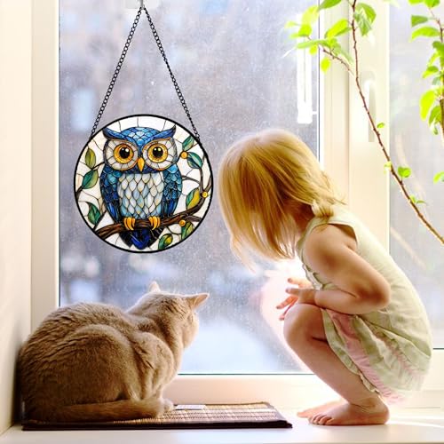 DASTOLL Stained Glass Window Hanging, Owl Gifts for Women Sun Catchers Diamond Glass Panel Hangings Birds Suncatcher Decor for Birthday for Women, Men, Wife, Aunt,and Mom 7.8X7.8IN - color: Blue, size: 7.8x7.8 IN