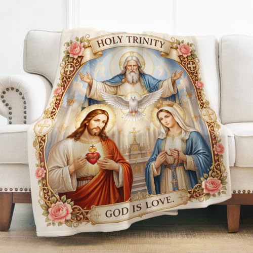 Levens Christian Holy Trinity Flannel Throw Blanket 50x60 | Sacred Heart Jesus Mary Religious Blanket for Christian Gift, Chapel, Prayer Room, Meditative Devotional Decor, Spiritual Blessing Gift - color: Holy Trinity, size: 50"x60"