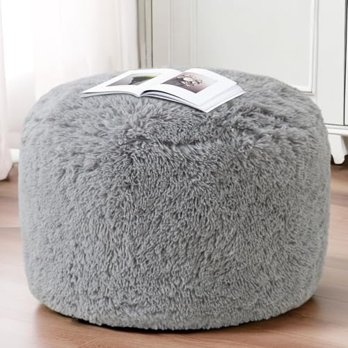 HIGOGOGO Round Stuffed Pouf Ottoman, Long Faux Fur Poufs with Foam Chunk Filling, Fluffy and Furry Pouf Foot Stool Storage Ottoman, 26 X 18 Floor Poufs Foot Rest for Living Room, Light Grey - color: Grey, size: 26INCH