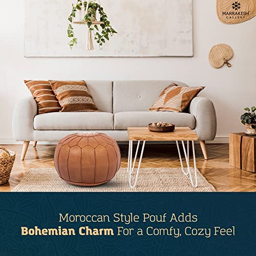 Marrakesh Gallery Genuine Leather Round Pouf Unstuffed - Moroccan Ottoman Footstool, Footrest Cover - Boho Decor - Bohemian Living Room, Bedroom, Kids Room, Gift & Wedding - color: Tan Cognac