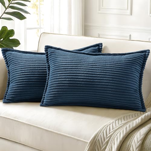 decorUhome Summer Patriotic Corduroy Navy Blue Coastal Throw Pillow Covers 12x20 Set of 2 Decorative Soft Boho Farmhouse Lumbar Couch Pillow Covers for Bed Sofa Broadside Striped Pillow Cases - color: Navy Blue, size: 20" x 12" (Pack of 2)