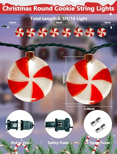 8.5Ft Christmas Candy Light, Christmas Decorations String Lights with 10 Red White Peppermint Bulbs, Plug in Fairy Lights for Indoor Party Kid's Room Xmas Tree Patio Bedroom Garden Decor - color: Red White Candy