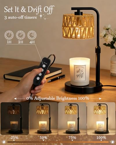 Candle Warmer Lamp, Timer Dimmable Candle Lamp, Adjustable Height and Brightness Candle Warmer, Boho Rattan Lampshade and 2 Bulbs, Suitable for Home Decor, Birthday Gifts for Women Mom (Black) - color: Boho-black
