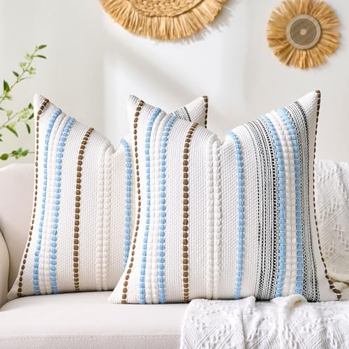 Farmhouse Throw Pillow Covers 18x18 Coastal Blue Boho Decorative Striped Cushion Covers Accent Pillows Square Rustic Textured Woven Bohemian Neutral Pillowcase for Sofa Couch Bed Living Room,Set of 2 - color: Blue, size: 18" x 18" (Pack of 2)
