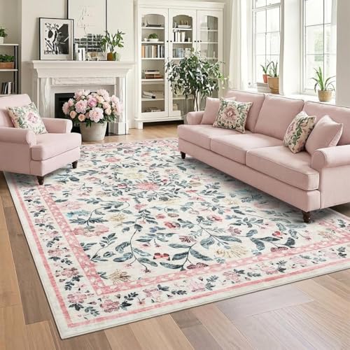 GarveeHome Large Washable Area Rug 10 x 13 for Living Room, Non-Slip Soft Vintage Rug, Low Pile Farmhouse Floral Carpet, Non-Shedding Foldable Printed Rugs for Bedroom, Pink - color: Pink, size: 10' x 13' (Rectangular)