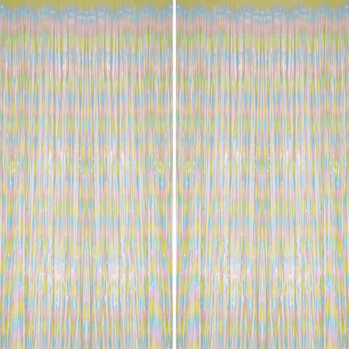 DECOCKRAT 2 Pack Foil Fringe Backdrop - Pastel Rainbow Shiny Tinsel Curtains for Party Decoration/Photo Booth Props - 3.3x6.6 FT Metallic Foil Backdrop for Birthday, Wedding, Graduation, Christmas. - color: Pastel Rainbow
