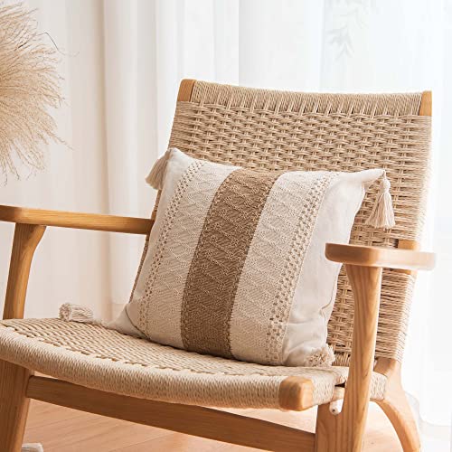Woven Farmhouse Accent Decorative Throw Pillow Cover for Couch Sofa Cotton & Jute Striped Neutral Pillowcase for Living Room Bedroom Patio, 18 x 18 Inch, Natural Beige, Single Stripe - color: 1 Pack Single Stripe 18"x18"
