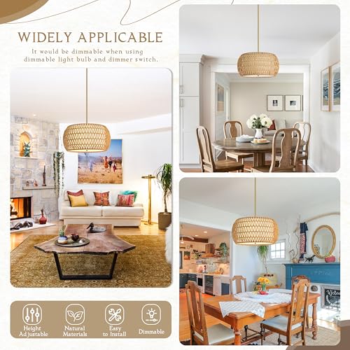 18 inch Natural 3 Light Rattan Chandelier Rattan Farmhouse Light Fixture Woven Pendant Lights Fabric Shade Boho Chandelier for Kitchen Dinning Room - color: 18"-Natural-Drum
