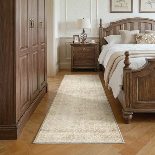 Fmfunctex 2x5 Washable Runner Rug Beige Neutral Vintage Distressed Oriental Traditional Non Slip Low Pile Indoor Carpet Retro Hallway Entryway Rug for Kitchen Living Room Bedroom Laundry Entry Bedside - color: Beige, size: 2' x 5' (Rectangular)
