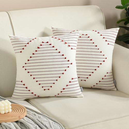 Boho Throw Pillow Covers 18x18 Set of 2 Farmhouse Decorative Accent Woven Pillow Covers for Couch Bed Living Room Home Decor, Burgundy and Cream White - color: Burgundy, size: 18" x 18" (Pack of 2)