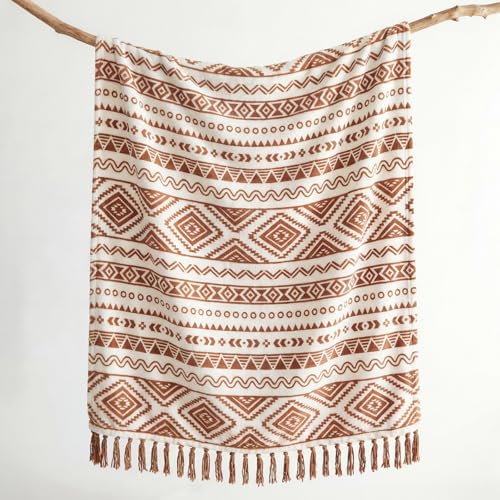 CASAAGUSTO Boho Throw Blanket with Tassel, Farmhouse Western Flannel Bohemian Blanket, Vintage Native Mexican Decorative Throw, Ideal for Gifting (60 * 80, Terrcotta) - color: Terracotta, size: 60X80