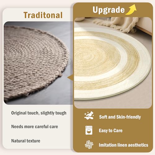 Carvapet 6 ft Round Washable Rug, Imitation Jute Low Pile Circle Carpet with Non Slip Rubber Backing, Foldable Stain Resistant Area Rug for Living Room Bedroom Office Bathroom - color: Sand, size: 6' (Round)
