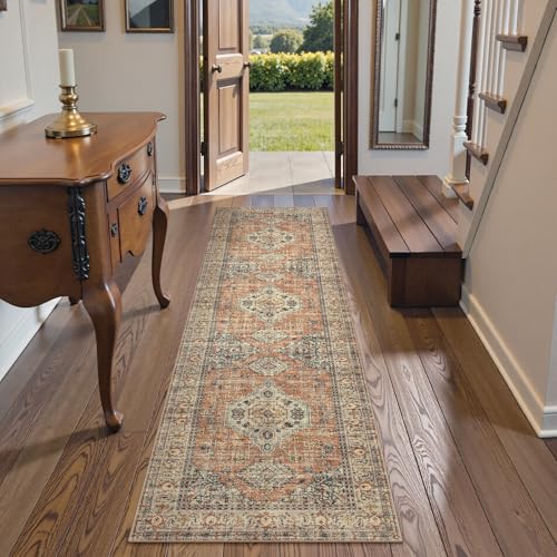 Lahome Oriental Washable Runner Rug Non Slip, 2x7 Rug Runners for Hallways Non Slip Vintage Ultra-Thin Soft Long Carpet for Kitchen Laundry Room Bedroom Eleanor, Peach/Orange - color: Terracotta, size: 2' x 7' (Runner)
