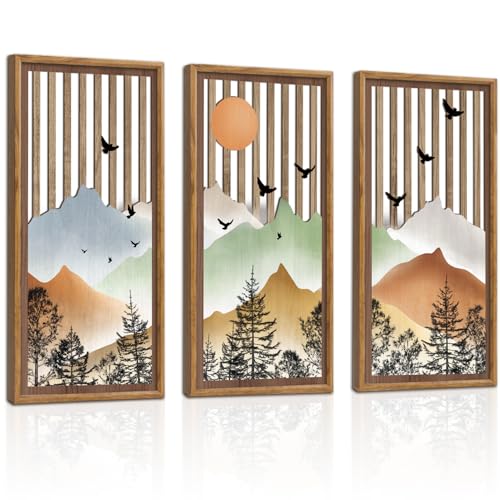 KAIRNE Mountain Landscape Wooden Wall Decor Set or 3(16”X8”) Framed,Boho Orange Wood Hanging Decor,Nature Bohemian Wall Art,Vintage Farmhouse Wooden Sign for Bedroom Living Room Office Decoration - color: Mountain, size: 8"L x 16"W